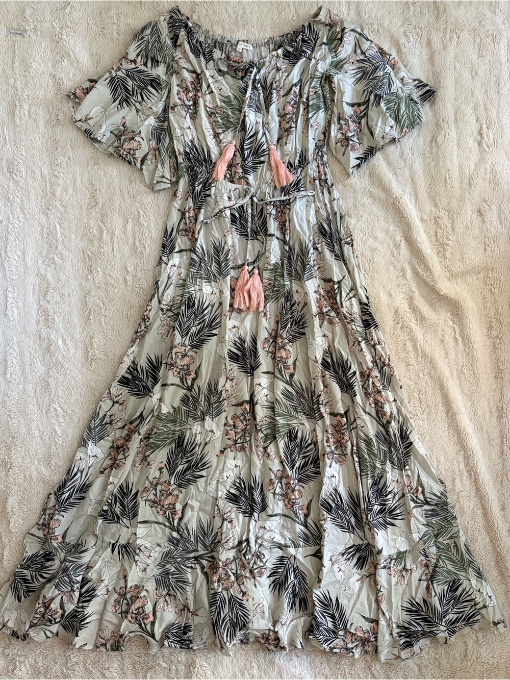 Anthropologie Label of Love Tropical Floral Tassel Tie Boho Maxi Dress Medium